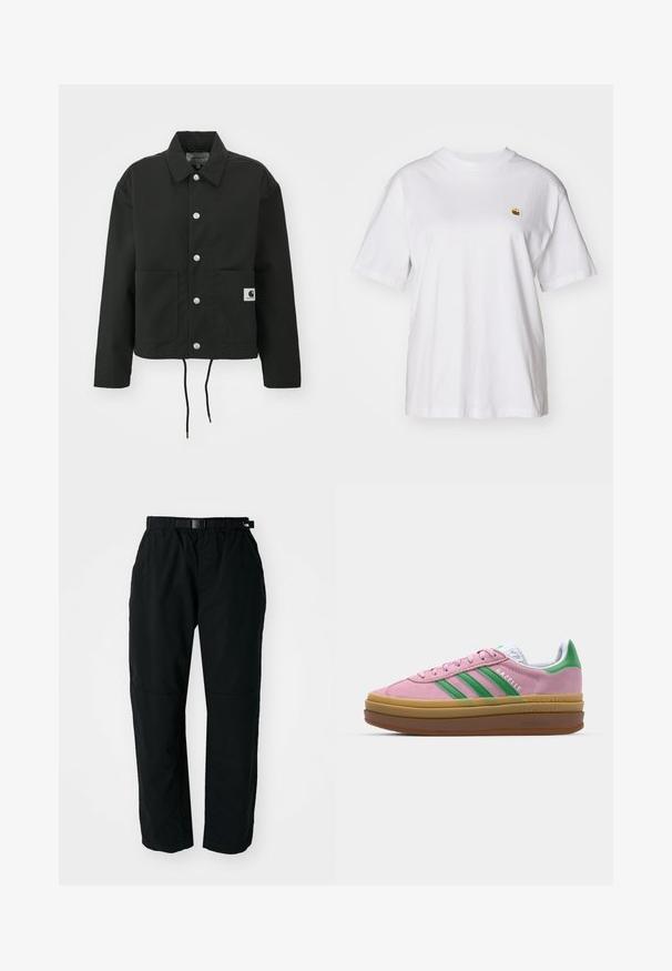 Jachetă neagră scurtă, fabricată dintr-un material durabil. Prezintă un guler clasic, nasturi cu clipsuri argintii, două buzunare frontale și un tiv ajustabil cu șnur.; Tricou alb din bumbac cu o croială lejeră, mâneci scurte și un mic logo brodat în zona stângă a pieptului.; Pantaloni negri ușori cu talie elastică și curea ajustabilă. Prezintă picioare conice și panouri întărite la genunchi pentru durabilitate.; Sneakers din suede roz cu dungi verzi, accente albe și o talpă din cauciuc brun. Prezintă un material texturat și detalii cu logo pe lateral.