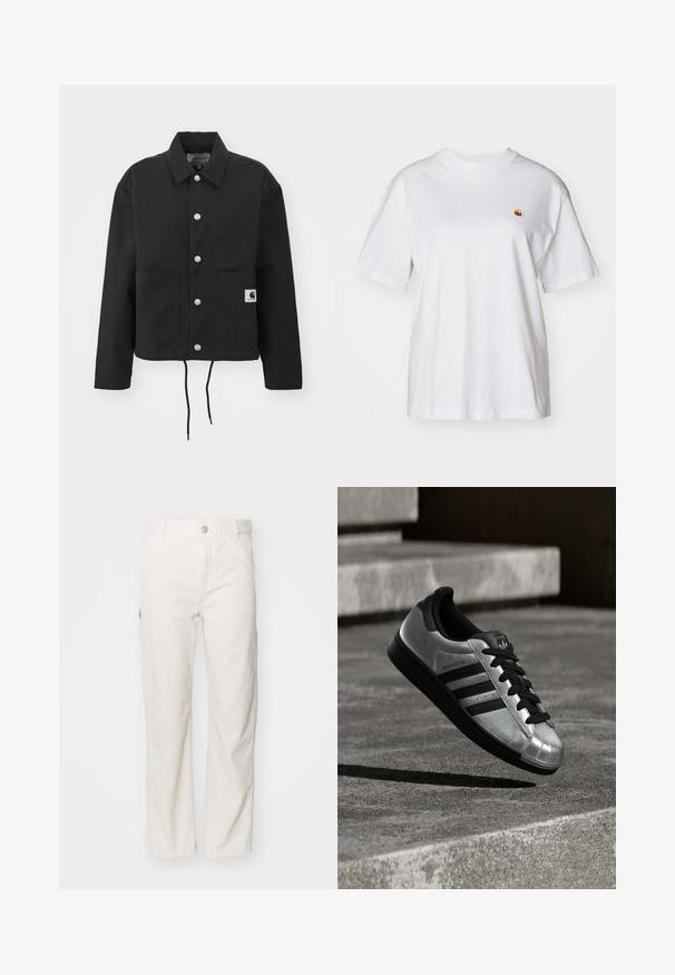 Black cropped jacket made of durable fabric. Features a classic collar, silver snap buttons, two front pockets, and adjustable drawstring hem.; White cotton t-shirt with a relaxed fit, short sleeves, and a small embroidered logo on the left chest area.; White cotton cargo pants with a straight leg design, featuring side pockets and a button closure at the waist. Smooth texture.; Silver sneaker with a black rubber sole, black laces, and three black stripes. Features a metallic finish and classic shell toe design.