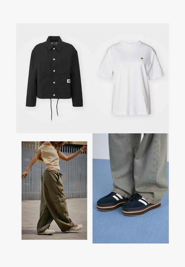Čierna krátka bunda vyrobená z odolnej tkaniny. Obsahuje klasický golier, strieborné cvoky, dve predné vrecká a nastaviteľný šnúrkový lem.; Biely bavlnený tričko s voľným strihom, krátkymi rukávmi a malým vyšitým logom na ľavej strane hrude.; Olivovo zelené cargo nohavice s veľkými vreckami, voľný strih a pás na sťahovanie; kombinované so svetlo béžovým pruhovaným topom a bielymi nazúvacími topánkami.; Tmavomodré semišové platformové tenisky s bielymi pruhmi a čiernymi šnúrkami. Majú hrubú hnedú gumovú podrážku. Nosia sa s svetlomodrými džínsami.