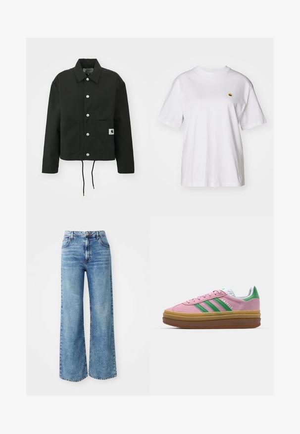 Casaco cropped preto feito de tecido durável. Apresenta um colarinho clássico, botões de pressão prateados, dois bolsos frontais e bainha ajustável com cordão.; T-shirt branca de algodão com um corte descontraído, mangas curtas e um pequeno logótipo bordado na área do peito esquerdo.; Jeans de ganga azul claro de perna larga com uma cintura alta, apresentando cinco bolsos, fecho com botão na parte superior e costura em contraste ao longo das costuras.; Ténis de camurça rosa com riscas verdes, detalhes brancos e sola de borracha castanha. Apresenta tecido texturizado e detalhes de logótipo na lateral.
