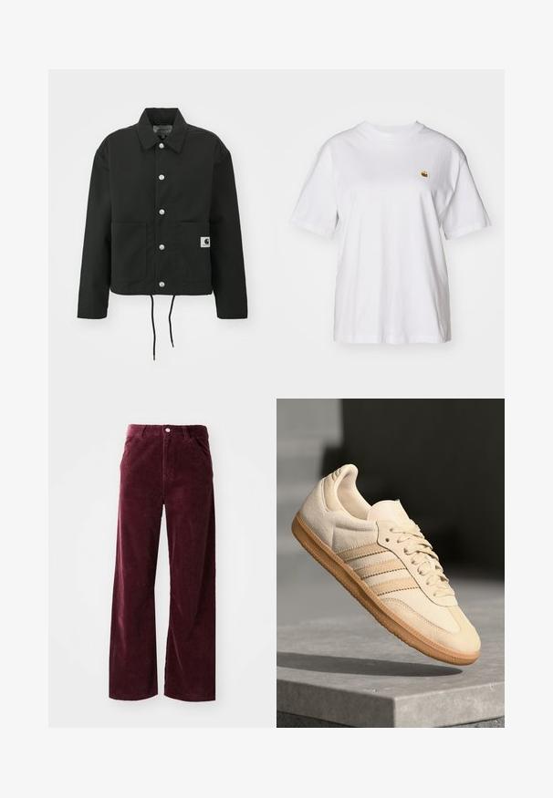 Schwarz gekürzte Jacke aus strapazierfähigem Stoff. Mit klassischem Kragen, silbernen Druckknöpfen, zwei Fronttaschen und verstellbarem Kordelzug am Saum.; Weißes Baumwoll-T-Shirt mit lockerem Schnitt, kurzen Ärmeln und einem kleinen gestickten Logo auf der linken Brustseite.; Burgunderfarbene Cordhosen im weit geschnittenen Design, mit Vordertaschen, Knopfverschluss und durchgehend gerippter Textur.; Helle beigetöne Wildledersneaker mit Gumminsohle, drei schrägen Streifen und einer strukturierten Zehenkappe. Mit Logo auf der Zunge und der Seite.