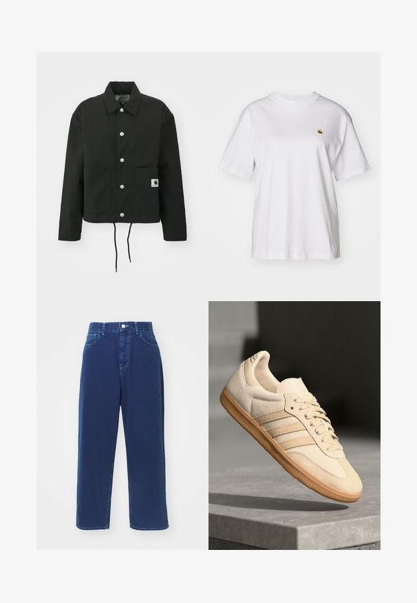 Černá zkrácená bunda vyrobená z odolné tkaniny. Obsahuje klasický límec, stříbrné cvoky, dvě přední kapsy a nastavitelné stahování v dolní části.; Bílý bavlněný tričko s volným střihem, krátkými rukávy a malým vyšívaným logem na levé části hrudi.; Námořnické modré široké džíny z bavlněné tkaniny, s vysokým pasem, předními kapsami a kontrastním prošíváním.; Světlé béžové semišové tenisky s gumovou podrážkou, třemi diagonálními pruhy a texturovanou špičkou. Na jazyku a boku se nachází logo.
