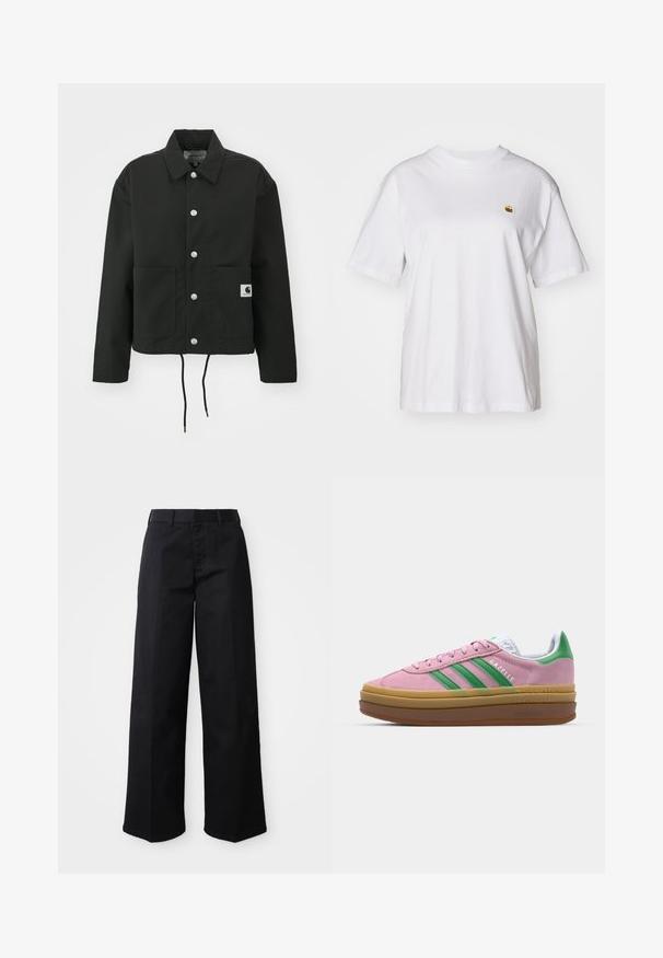 Czarna krótka kurtka wykonana z trwałego materiału. Posiada klasyczny kołnierz, srebrne napy, dwie kieszenie z przodu oraz regulowany dół ze sznurkiem.; Biała bawełniana koszulka z luźnym krojem, krótkimi rękawami i małym haftowanym logo po lewej stronie klatki piersiowej.; Czarne szerokie spodnie wykonane z miękkiej bawełnianej tkaniny. Posiadają klasyczną talię, boczne kieszenie oraz prosty krój do dołu.; Różowe zamszowe sneakersy z zielonymi paskami, białymi akcentami i brązową gumową podeszwą. Posiadają teksturowany materiał i detale logo po boku.