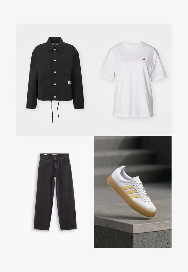 Melnā apgrieztā jakā, kas izgatavota no izturīga auduma. Tam ir klasiskā apkakle, sudraba kniedes, divas priekšējās kabatas un regulējams savelkamo apakšmalu.; Balta kokvilnas T-kreklā ar brīvu piegriezumu, īsām piedurknēm un mazu izšūtu logotipu kreisajā krūtīs.; Melni platlegriezi džinsi, izgatavoti no denima, ar augstu jostu, piecu kabatu dizainu un dubultām šuvēm. Tīrs apdare bez rotājumiem.; Balts ādas sneaker ar dzeltenām akcentiem, trīs svītrām un kārme gumijas zoli. Aprīkots ar noapaļotu purngalu un teksturētu mēli.
