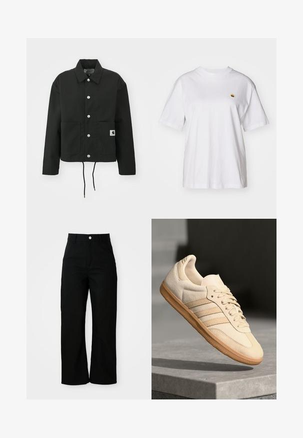 Čierna krátka bunda vyrobená z odolnej tkaniny. Obsahuje klasický golier, strieborné cvoky, dve predné vrecká a nastaviteľný šnúrkový lem.; Biely bavlnený tričko s voľným strihom, krátkymi rukávmi a malým vyšitým logom na ľavej strane hrude.; Čierne nohavice s vysokým pásom a rovným strihom, s prednými vreckami, pútkami na opasok a strieborným zapínaním na bielom pozadí.; Svetlo béžová semišová teniska s gumovou podrážkou, tromi diagonálnymi pruhmi a textúrovaným špičkovým krytom. Obsahuje logo na jazyku a boku.