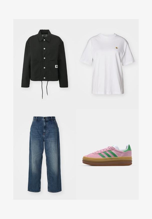 Zwarte cropped jas gemaakt van duurzaam materiaal. Heeft een klassieke kraag, zilveren drukknoopsluitingen, twee voorzakken en een verstelbare trekkoordzoom.; Witte katoenen t-shirt met een relaxte pasvorm, korte mouwen en een klein geborduurd logo op de linkerborst.; Blauwe denim jeans met wijde benen en hoge taille, met een knoopsluiting, riemlussen en vervaging over de bovenbenen. Rechte pijpopeningen.; Roze suede sneakers met groene strepen, witte accenten en een bruine rubberen zool. Heeft een gestructureerde stof en logodetails aan de zijkant.