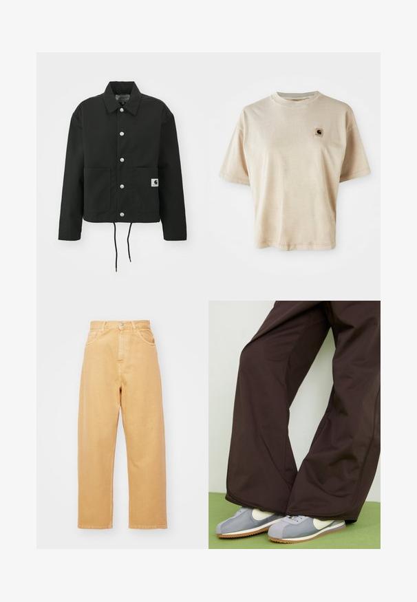 Must must ümber lõikega must jakk, mis on valmistatud vastupidavast kangast. Omab klassikalist kraed, hõbedasi tõmblukke, kahte esist taskut ja reguleeritavat nööriga hemmi.; Bež puuvillane t-särk lõdva lõikega, ümmarguse kaelusega, lühikeste varrukatega ja väikese ruudukujulise logotäpiga vasakul rinnal.; Carhartt WIP BRANDON PANT - Avar lõikega teksad - bourbon; Pruunid avarad püksid sujuva tekstuuriga ja külgõmblustega, kombineeritud hallide ja valgete retrostiilis tossudega, millel on kummi aluspind.