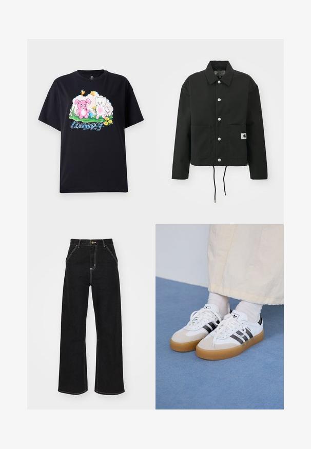 Svart, kort jakke laget av slitesterkt stoff. Har en klassisk krage, sølvfargede trykknapper, to framlommer og justerbar snor i nederkant.; Svart bomull T-skjorte med et fargerikt grafisk design av en rosa kanin og en hvit katt med blomster, sammen med "Converse" i blå bokstaver.; Svarte vide jeans laget av denim, med kontrasterende hvite sømmer og en frontknapplukking, samt to skrå frontlommer.; Hvite sneakers med svarte striper og beige semsket skinn-detaljer. Har en teksturert gummisåle og flate hvite snører, brukt med lyse sokker.