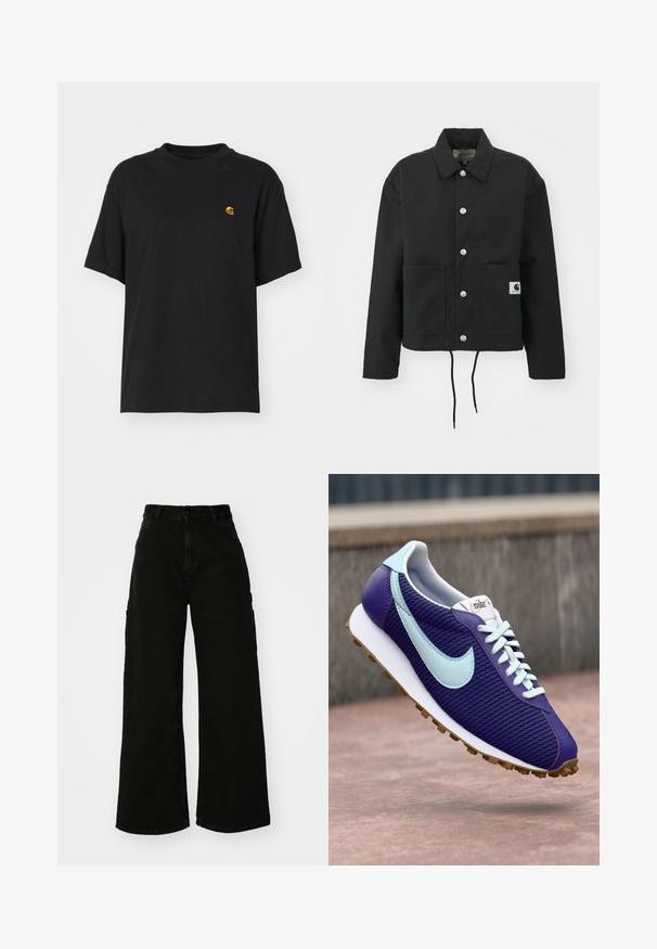 Zwarte cropped jas gemaakt van duurzaam materiaal. Heeft een klassieke kraag, zilveren drukknoopsluitingen, twee voorzakken en een verstelbare trekkoordzoom.; Zwarte katoenen t-shirt met een relaxte pasvorm. Heeft een ronde hals en korte mouwen. Bevat een klein goud geborduurd logo op de borst.; Zwarte wijde cargobroek van denim, met een hoge taille, sluiting met een knop aan de voorkant en zijzakken. Gladde textuur met minimale stiksels.; Paarse Nike sneaker met lichtblauwe swoosh, witte veters en gumrubberen zool, weergegeven zwevend boven een betonnen oppervlak buitenshuis.