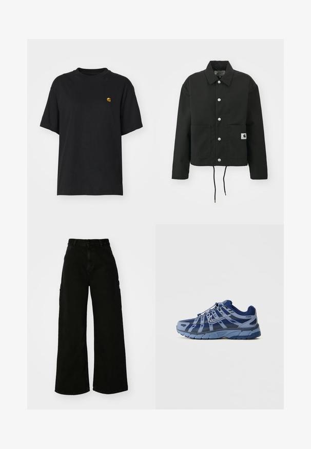 Svart, kort jakke laget av slitesterkt stoff. Har en klassisk krage, sølvfargede trykknapper, to framlommer og justerbar snor i nederkant.; Svart bomulls t-skjorte med løs passform. Har rund hals og korte ermer. Inkluderer en liten gullbrodert logo på brystet.; Svart vide ben cargo bukser laget av denim, med høy midje, front knappestenging og sidelommer. Glatt tekstur med minimal søm.; Blå og grå atletiske sko med mesh-overdel, gummisåle og lagdelt design med reflekterende detaljer. Modellnavn: P-6000.