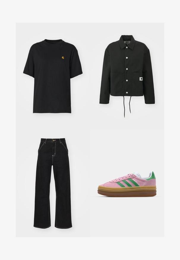 Black cropped jacket made of durable fabric. Features a classic collar, silver snap buttons, two front pockets, and adjustable drawstring hem.; Black cotton t-shirt with a relaxed fit. Features a round neck and short sleeves. Includes a small gold embroidered logo on the chest.; Black wide-leg jeans made of denim, featuring contrasting white stitching and a front button closure, with two angled front pockets.; Pink suede sneakers with green stripes, white accents, and a brown rubber sole. Features textured fabric and logo detailing on the side.