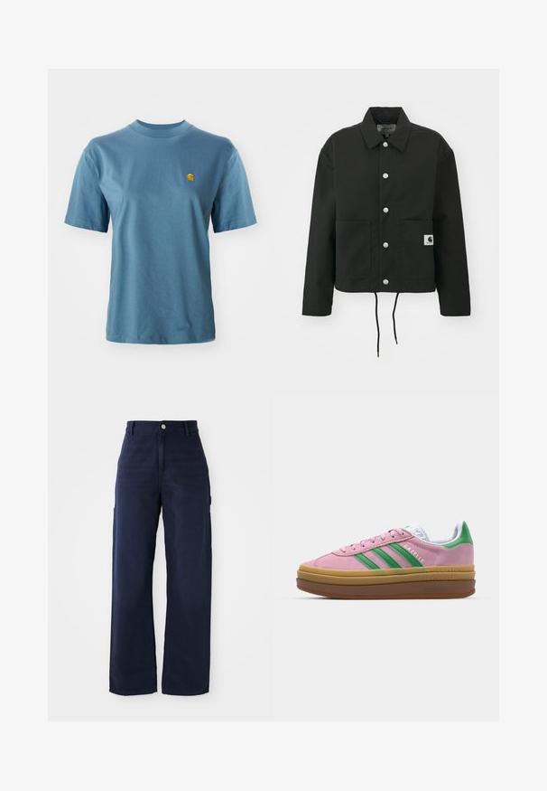 Schwarz gekürzte Jacke aus strapazierfähigem Stoff. Mit klassischem Kragen, silbernen Druckknöpfen, zwei Fronttaschen und verstellbarem Kordelzug am Saum.; Hellblaues Baumwoll-T-Shirt mit kurzen Ärmeln und geripptem Rundhalsausschnitt. Verfügt über ein kleines gelbes Logo auf der linken Brust für Detail.; Marineblaue, weite Cargo-Hosen aus robustem Baumwollstoff, mit Seitentaschen und einem Knopfverschluss an der Taille.; Rosa Wildledersneaker mit grünen Streifen, weißen Akzenten und einer braunen Gummisohle. Verfügt über strukturierten Stoff und Logodetails an der Seite.