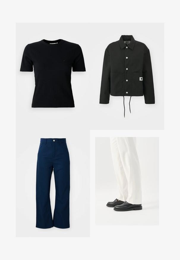 Black cropped jacket made of durable fabric. Features a classic collar, silver snap buttons, two front pockets, and adjustable drawstring hem.; Black ribbed short-sleeve t-shirt with a round neckline; features a subtle logo on the chest; made from a soft, textured fabric.; Navy blue wide-leg trousers made of sturdy fabric, featuring a front button closure and four pockets with a smooth texture.; Black leather loafers with a smooth texture, stitch detailing, and a rounded toe, paired with white tailored pants.