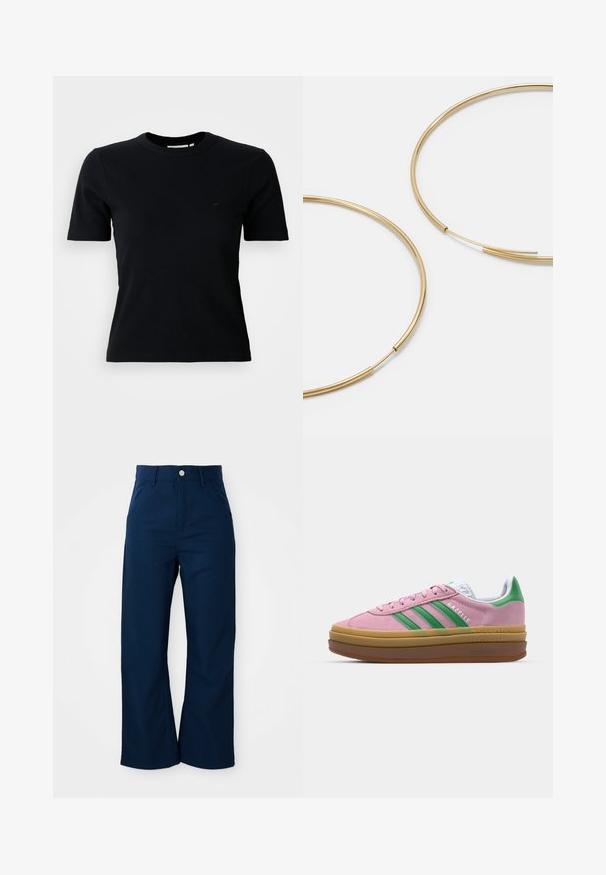 Black cropped jacket made of durable fabric. Features a classic collar, silver snap buttons, two front pockets, and adjustable drawstring hem.; Black ribbed short-sleeve t-shirt with a round neckline; features a subtle logo on the chest; made from a soft, textured fabric.; Navy blue wide-leg trousers made of sturdy fabric, featuring a front button closure and four pockets with a smooth texture.; Pink suede sneakers with green stripes, white accents, and a brown rubber sole. Features textured fabric and logo detailing on the side.; Gold-colored hoop earrings, thin and round in shape, with a smooth metallic finish and no embellishments or patterns.