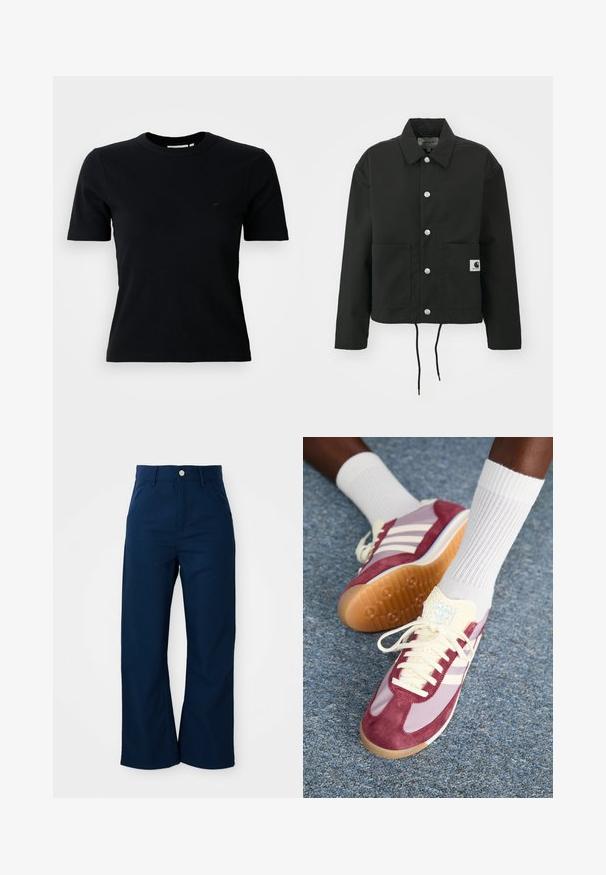 Černá zkrácená bunda vyrobená z odolné tkaniny. Obsahuje klasický límec, stříbrné cvoky, dvě přední kapsy a nastavitelné stahování v dolní části.; Černé žebrované tričko s krátkým rukávem a kulatým výstřihem; na hrudi má decentní logo; vyrobeno z měkké, texturované tkaniny.; Námořnické modré kalhoty širokého střihu vyrobené z odolné tkaniny, s předním zapínáním na knoflík a čtyřmi kapsami s hladkou texturou.; Tenisky s designem v tmavě vínové semišové barvě a světle fialovém odstínu, se třemi bílými pruhy, krémovými tkaničkami a texturovaným žlutým jazykem. Gumová podrážka.