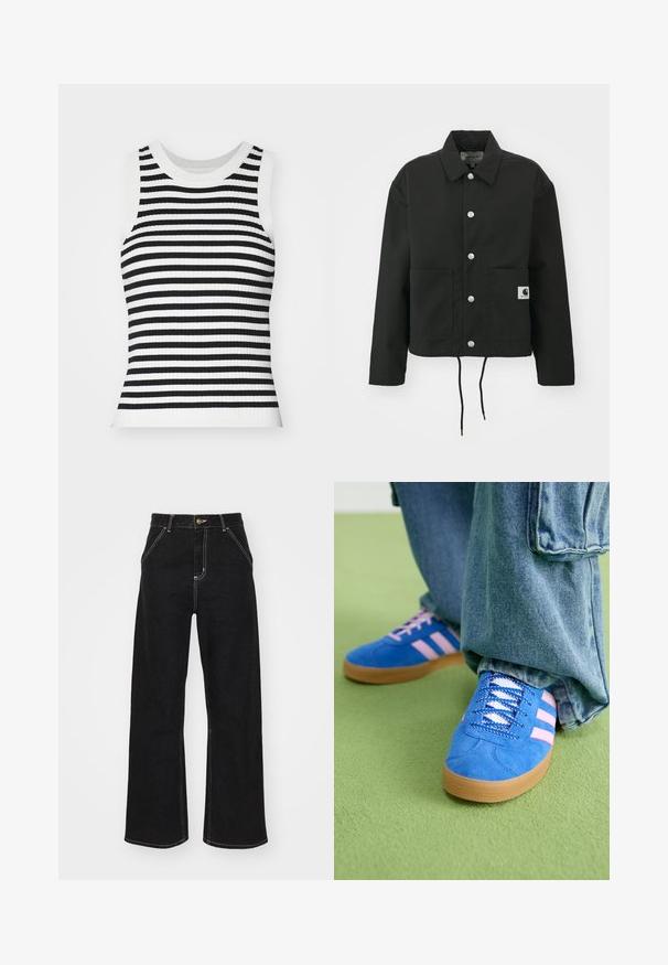 Melnā apgrieztā jakā, kas izgatavota no izturīga auduma. Tam ir klasiskā apkakle, sudraba kniedes, divas priekšējās kabatas un regulējams savelkamo apakšmalu.; Ribota adīta bez piedurknēm blūze ar melnbaltām horizontālām svītrām, apaļu izgriezumu un pieguļošu siluetu.; Melnas platajās biksēs, kas izgatavotas no denima, ar kontrastējošas baltas šuves un priekšējo pogu aizdari, kā arī divām slīpajām priekšējām kabatām.; Zilas zamšādas kurpes ar rozā svītrām un baltām šņorēm, aprīkotas ar gumijas zoli, kopā ar brīvām džinsu biksēm uz zaļas virsmas.