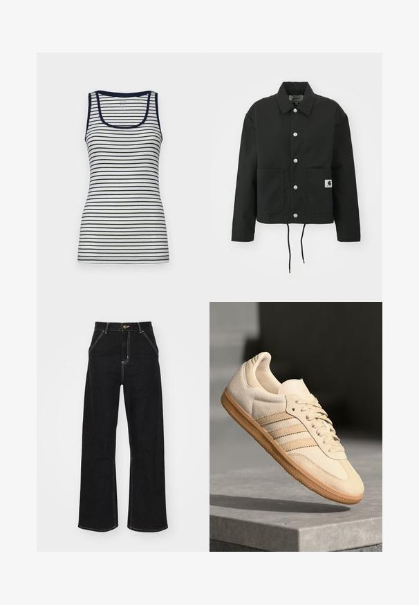 Črna kratka jakna iz trpežnega materiala. Ima klasičen ovratnik, srebrne pritiskače, dve sprednji žepi in nastavljiv rob z vrvico.; GAP TANK - Top - white/navy; Črne široke kavbojke iz denima, ki imajo kontrastne bele šive in sprednje gumbno zapiranje, ter dve nagnjeni sprednji žepi.; Svetlo bež semišni športni copat z gumijastim podplatom, trije poševni trakovi in teksturiran zaščitni del. Vsebuje logotip na ježku in strani.