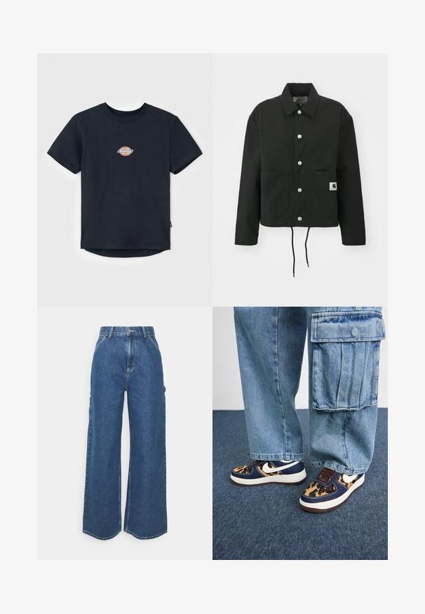Črna kratka jakna iz trpežnega materiala. Ima klasičen ovratnik, srebrne pritiskače, dve sprednji žepi in nastavljiv rob z vrvico.; Črna bombažna majica s kratkimi rokavi, okroglim ovratnikom in majhnim večbarvnim logotipom na prsih. Ravni rob z nekoliko daljšim hrbtom.; Široke modre denim hlače z visokim pasom, kontrastnim šivom in stranskimi žepi, ki vključujejo klasičen pet-džepni dizajn in robove brez obdelave.; Temno modre teniske z leopardjim vzorcem, bel Nike znak, rjave vezalke in bela podloga. V kombinaciji z svetlim denim krojačkim hlačami.