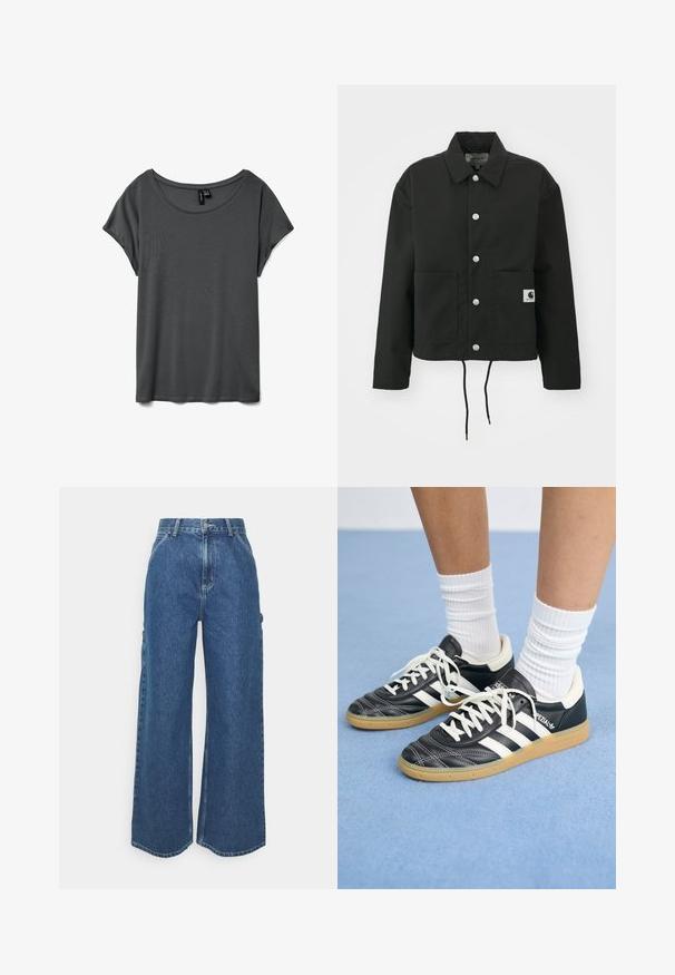 Crna skraćena jakna od izdržljivog materijala. Ima klasični ovratnik, srebrne dugmadi s kopčama, dva prednja džepa i podesivu vezicu na rubu.; Siva kratka majica s kratkim rukavima, širokim okruglim izrezom, mekog materijala i opuštenog kroja. Bez vidljivih uzoraka ili naglasaka. Glatka tekstura.; Široke plave traperice s visokim strukom, kontrastnim šavovima i bočnim džepovima, s klasičnim dizajnom s pet džepova i sirovim rubovima.; Crne kožne atletike s bijelim trakama, okruglim prstima, bijelim vezicama i gumeni potplat. Naglašene jastučićem oko gležnja i detaljima s brandingom.