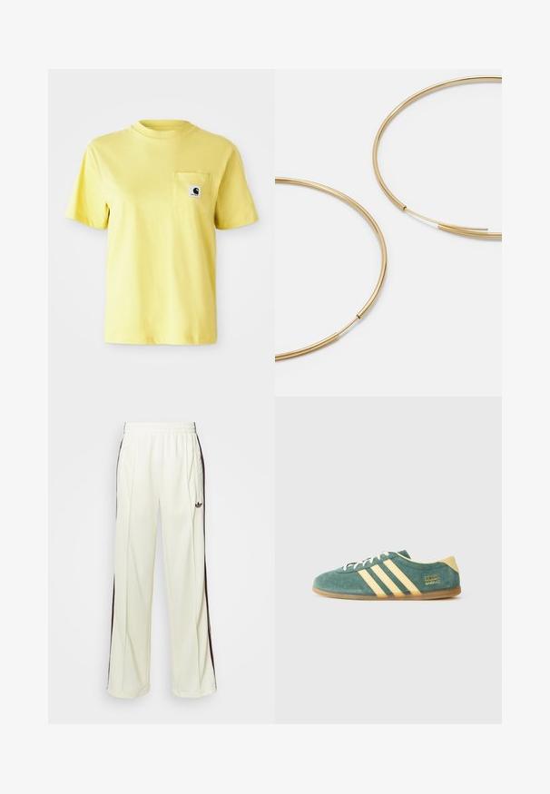 Zwarte cropped jas gemaakt van duurzaam materiaal. Heeft een klassieke kraag, zilveren drukknoopsluitingen, twee voorzakken en een verstelbare trekkoordzoom.; Geel katoenen t-shirt met korte mouwen, ronde halslijn en een voorzak met een zwart logo patch. Gladde textuur, casual ontwerp.; Crème-kleurige sweatpants met een relaxte pasvorm, voorzien van donkerbruine zijstrepen en een geborduurd logo op de linkerdij.; Groene suede schoen met gele accenten en drie strepen. Ronde neus, platte rubberen zool en een opvallend merkembleem aan de zijkant.; Gouden oorringen, dun en rond van vorm, met een gladde metallic afwerking en zonder versieringen of patronen.