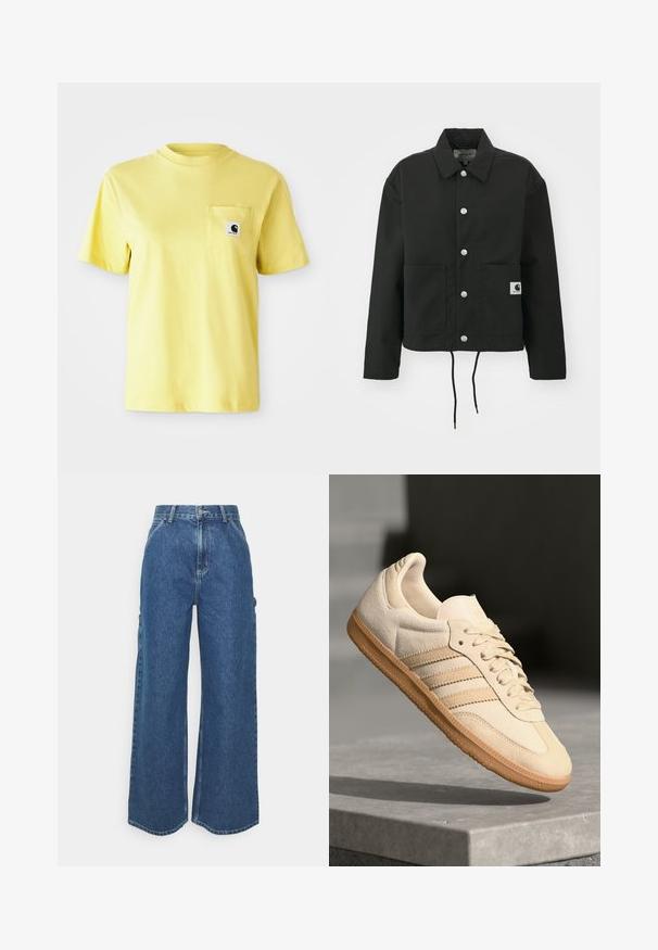 Black cropped jacket made of durable fabric. Features a classic collar, silver snap buttons, two front pockets, and adjustable drawstring hem.; Yellow cotton t-shirt with short sleeves, round neckline, and a front pocket featuring a black logo patch. Smooth texture, casual design.; Wide-leg blue denim trousers with a high waist, contrasting stitching, and side pockets, featuring a classic five-pocket design and raw hems.; Light beige suede sneaker with gum outsole, three diagonal stripes, and a textured toe cap. Features logo on the tongue and side.