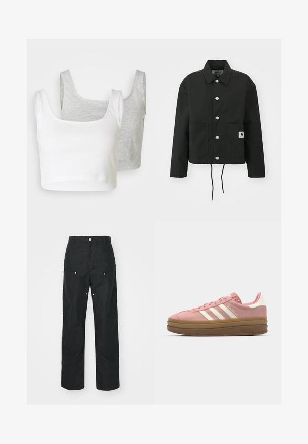 Black cropped jacket made of durable fabric. Features a classic collar, silver snap buttons, two front pockets, and adjustable drawstring hem.; Two cropped tank tops: one white, ribbed fabric; one light gray, heathered texture. Both have wide straps and a rounded neckline.; Black trousers with a straight-leg design, made of a textured fabric. Features decorative silver hardware and unique seam detailing.; adidas Originals GAZELLE BOLD - Trainers - mauve/off white