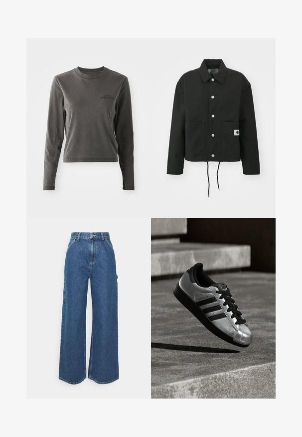 Must must ümber lõikega must jakk, mis on valmistatud vastupidavast kangast. Omab klassikalist kraed, hõbedasi tõmblukke, kahte esist taskut ja reguleeritavat nööriga hemmi.; Hallitusvaba hall puuvillane särk pikkade varrukatega, ümara kaelusega, millel on rinna peal väike must trükitud logo ja sirge äär.; Laiene jalad sinised denim püksid kõrge vöökohaga, kontrastsete õmblustega ja küljetaskutega, klassikalise viie taskuga disainiga ja toore servaga.; Hõbedane spordijalats musta kummist tallaga, mustade paelte ja kolme musta triibuga. Omab metallist viimistlust ja klassikalist välimusega varbakaitset.