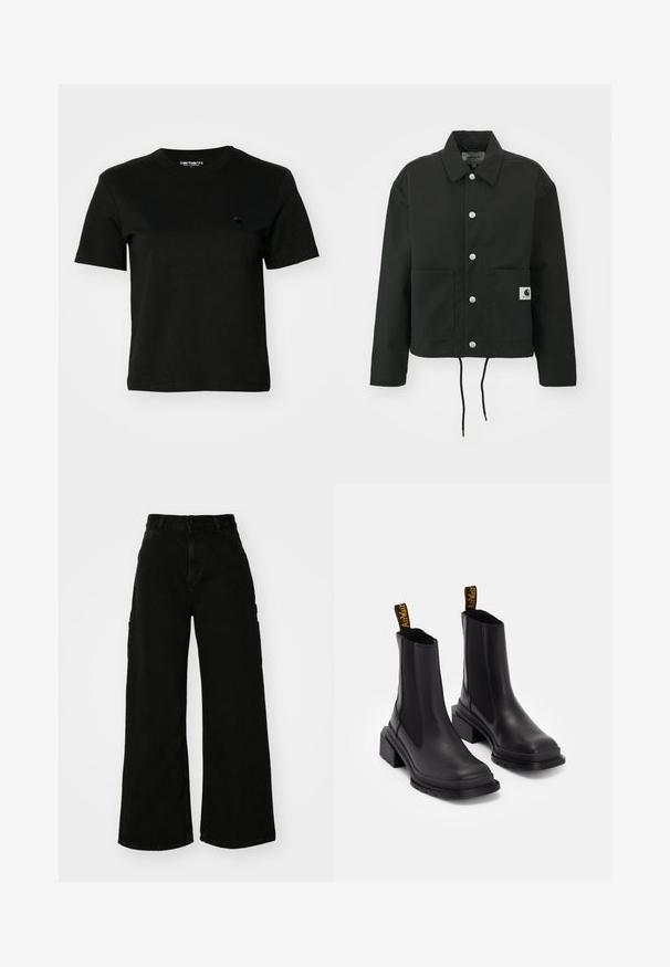 Musta lyhyt takki, joka on valmistettu kestävästä kankaasta. Ominaisuuksiin kuuluvat klassinen kaulus, hopeiset napit, kaksi etutaskua ja säädettävä nyörihelma.; Mustat T-paita, joka on valmistettu puuvillasta. Lyhyet hihat ja pyöreä kaula-aukko. Vasemmassa rinnassa on pieni, tumma logo. Yksinkertainen ja klassinen muotoilu.; Mustat leveälahkeiset cargo-housut, jotka on valmistettu denimistä ja joissa on korkea vyötärö, etunapitus ja sivutaskut. Silkkinen pinta, jossa on minimaalinen ompelu.; Mustat nilkkurit, jotka on valmistettu sileästä nahasta ja joissa on joustavat sivupaneelit, neliönmuotoinen kärki ja paksut korot. Varustettu keltaisilla merkkivedinsarvilla.