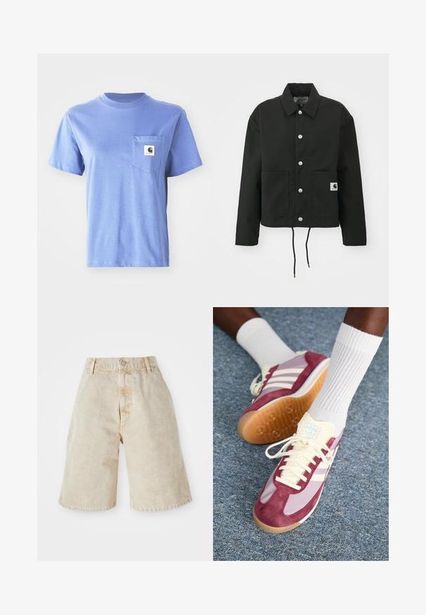 Črna kratka jakna iz trpežnega materiala. Ima klasičen ovratnik, srebrne pritiskače, dve sprednji žepi in nastavljiv rob z vrvico.; Svetlo modra majica iz bombaža z okroglo ovratnikom, kratkimi rokavi, žepom na prsih ter majhnim logotipom na žepu.; Bež jeans kratke hlače z visokim pasom, zapiranjem na gumb in sprednjimi žepi. Imajo sproščen, ohlapen kroj in rahlo raztrgane robove.; Tenisice z maroonskim semišom in svetlo vijolično zasnovo, s tremi belimi črtami, kremnimi vezalkami in teksturiranim rumenim jezikom. Gumijast podplat.