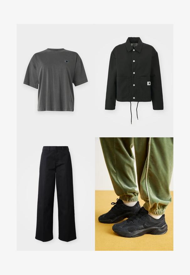 Black cropped jacket made of durable fabric. Features a classic collar, silver snap buttons, two front pockets, and adjustable drawstring hem.; Gray cotton t-shirt with a crew neck and short sleeves. Features a small logo patch in a contrasting color on the left chest area.; Black wide-leg pants made of soft cotton fabric. Features a classic waistband, side pockets, and a straight cut to the hem.; Black athletic sneakers with mesh and synthetic overlays, textured sole, paired with green, elastic-cuffed sweatpants, on yellow surface.