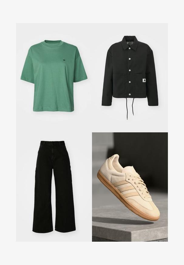 Fekete, vágott fazonú dzseki tartós anyagból. Klasszikus gallérral, ezüst színű patentgombokkal, két elülső zsebbel és állítható, húzózsinóros hemmel rendelkezik.; Carhartt WIP CHESTER - Basic póló - duck green; Fekete, bő szárú cargo nadrág, denim anyagból, magas derékkal, elülső gombos záródással és oldalsó zsebekkel. Sima textúra minimális varrással.; Világos bézs velúr sportcipő, gumitalppal, három átlós csíkkal és texturált orral. A díszítés a nyelven és az oldalon található.