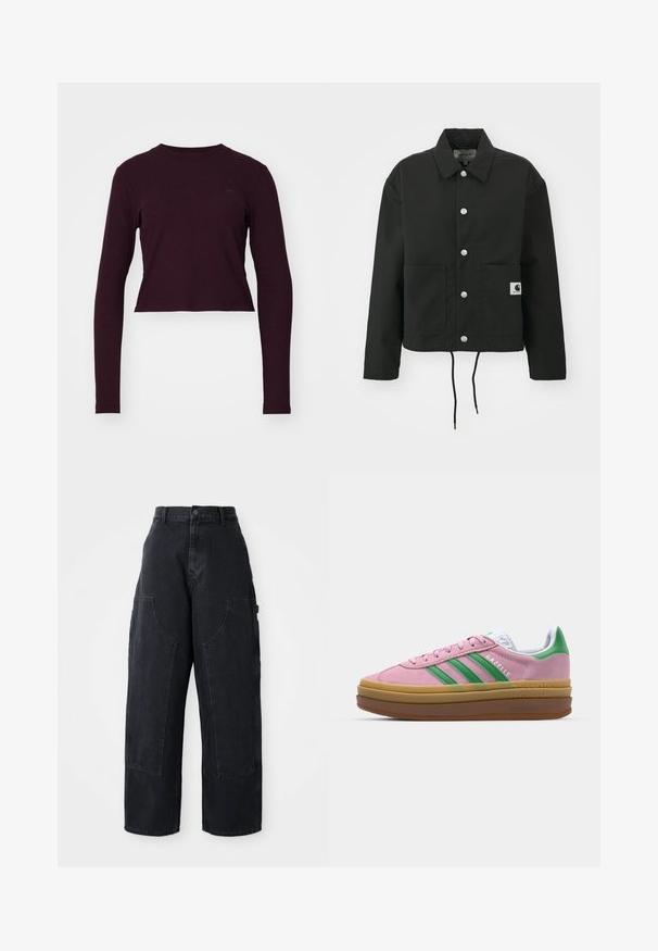 Črna kratka jakna iz trpežnega materiala. Ima klasičen ovratnik, srebrne pritiskače, dve sprednji žepi in nastavljiv rob z vrvico.; Burgundska dolga majica s kratkimi rokavi, z rebrasto teksturo, okroglim izrezom in subtilnim logotipom blagovne znamke na prsih. Mehka tkanina in oprijet kroj.; Črne široke kavbojke iz denima s visokim pasom, dvema velikima sprednjima žepoma in gumbom za zapiranje na pasu. Gladka tekstura, sproščen dizajn.; Roza semširna športna obutev z zelenimi črtami, belimi detajli in rjavim gumijastim podplatom. Ima teksturovan material in logotip na strani.