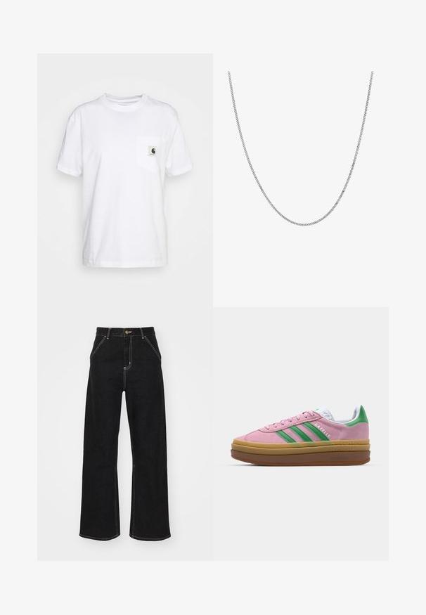 Sort cropped jakke lavet af slidstærkt stof. Har en klassisk krave, sølvfarvede trykknapper, to frontlommer og justerbar snoretræk i nederste kant.; Hvid bomulds-t-shirt med korte ærmer, rund hals og en lomme på venstre bryst med et sort-hvidt logo.; Sorte bukser med bred ben, lavet af denim og prydet med kontrastfarvet hvid syning samt en frontlukning med knap, og to skrå forlommer.; Lyserøde ruskindsneakers med grønne striber, hvide accenter og en brun gummisål. Har tekstureret stof og logodetaljer på siden.; Sølv kædedesign med glatte, runde flade led. Funktioner en blank finish og måler cirka 50 cm i længden.