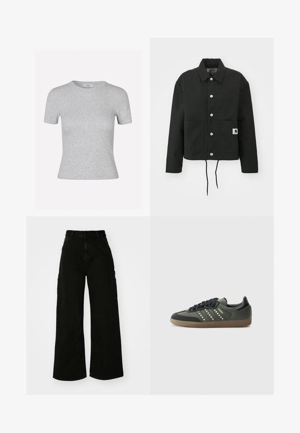 Svart, kort jakke laget av slitesterkt stoff. Har en klassisk krage, sølvfargede trykknapper, to framlommer og justerbar snor i nederkant.; Grå kortermet t-skjorte med ribbet tekstur, rund hals, og en figurnær fasong, med en diskret merkevaremerke.; Svart vide ben cargo bukser laget av denim, med høy midje, front knappestenging og sidelommer. Glatt tekstur med minimal søm.; adidas Originals SAMBA OG - Joggesko - core black/legend earth/gum