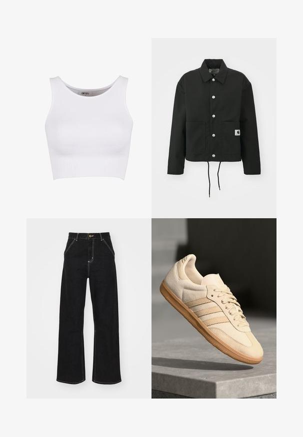 Black cropped jacket made of durable fabric. Features a classic collar, silver snap buttons, two front pockets, and adjustable drawstring hem.; White ribbed crop top with a rounded neckline and wide straps. Features a stretchy texture, designed for comfort and ease of movement.; Black wide-leg jeans made of denim, featuring contrasting white stitching and a front button closure, with two angled front pockets.; Light beige suede sneaker with gum outsole, three diagonal stripes, and a textured toe cap. Features logo on the tongue and side.