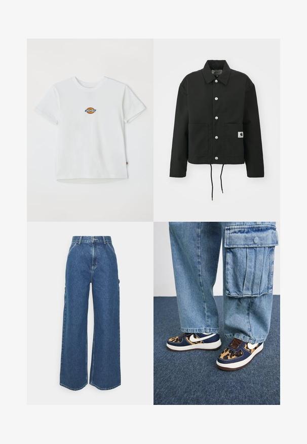 Must must ümber lõikega must jakk, mis on valmistatud vastupidavast kangast. Omab klassikalist kraed, hõbedasi tõmblukke, kahte esist taskut ja reguleeritavat nööriga hemmi.; Valge puuvillane T-särk, millel on ümmargune logo mitmevärviliste aktsentidega. Lühikesed varrukad ja ümar kaelus, hemmi peal on väike silt.; Laiene jalad sinised denim püksid kõrge vöökohaga, kontrastsete õmblustega ja küljetaskutega, klassikalise viie taskuga disainiga ja toore servaga.; Tumed sinised tennised leopardimustriga aktsentide, valge Nike logoga, pruunide paelte ja valge vaheosaga. Kombineeritud heledate denimpükstega.