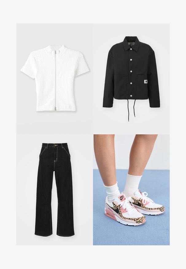 Schwarz gekürzte Jacke aus strapazierfähigem Stoff. Mit klassischem Kragen, silbernen Druckknöpfen, zwei Fronttaschen und verstellbarem Kordelzug am Saum.; Enganliegendes, weißes, geripptes Strickoberteil mit kurzen Ärmeln, einem hohen Kragen und einem Reißverschluss vorne. Verfügt über eine dezente Textur und einen sauberen Abschluss.; Schwarze weit geschnittene Jeans aus Denim, mit kontrastierenden weißen Nähten und einem vorderen Knopfverschluss, ausgestattet mit zwei schrägen Fronttaschen.; Die Nike Air Max Sneakers weisen eine weiße und rosa Farbkombination mit Akzenten im Leopardenmuster, Mesh- und Leder-Materialien sowie einer markanten Gummisohle auf.