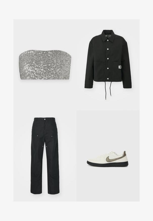 Sort cropped jakke lavet af slidstærkt stof. Har en klassisk krave, sølvfarvede trykknapper, to frontlommer og justerbar snoretræk i nederste kant.; Sølv pailette bandeau-top med et buet design, glat tekstur og skimrende finish. Har en enkel, stropløs silhuet.; Sorte bukser med lige ben-design, lavet af et tekstureret stof. Har dekorativt sølvhardware og unikke sømdetaljer.; Nike Sportswear FIELD GENERAL - Sneakers - off-white/black