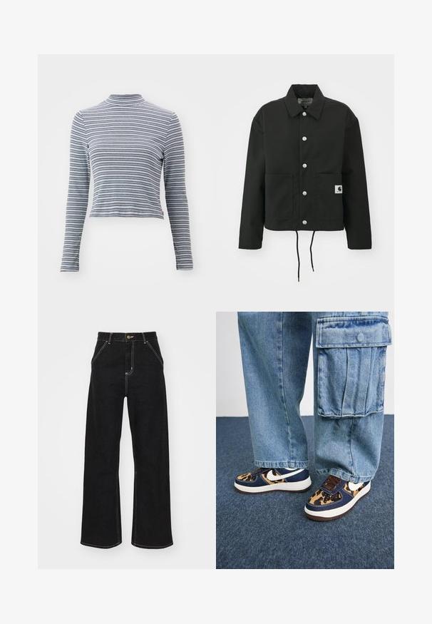 Casaco cropped preto feito de tecido durável. Apresenta um colarinho clássico, botões de pressão prateados, dois bolsos frontais e bainha ajustável com cordão.; Camisola de manga longa com gola alta em padrão riscado, feita de tecido suave. Apresenta riscas horizontais finas em preto e branco e um design ajustado.; Calças de ganga largas pretas, com costuras brancas em contraste e fecho frontal com botão, apresentando dois bolsos frontais inclinados.; Sapatilhas azul-marinho com detalhes em padrão de leopardo, swoosh branco da Nike, atacadores castanhos e sola intermédia branca. Combinadas com calças cargo de denim claro.