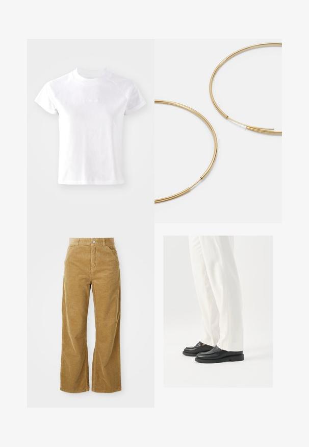 Sort cropped jakke lavet af slidstærkt stof. Har en klassisk krave, sølvfarvede trykknapper, to frontlommer og justerbar snoretræk i nederste kant.; Hvid kortærmet t-shirt med rund halsudskæring, lavet af blødt bomuldsstof. Har et diskret logo på forsiden og en afslappet pasform.; Bredde corduroybukser i lys brun med et struktureret ribbet mønster, fem lommer og en knaplukning i taljen.; Sorte læder loafers med en glat overflade, syninger og en rund tå, parret med hvide skræddersyede bukser.; Guldfarvede hoops øreringe, tynde og runde i formen, med en glat metallisk finish uden udsmykninger eller mønstre.