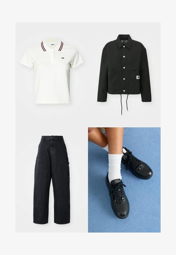 Čierna krátka bunda vyrobená z odolnej tkaniny. Obsahuje klasický golier, strieborné cvoky, dve predné vrecká a nastaviteľný šnúrkový lem.; Biela polo košeľa s bordo prúžkovaným golierom, gombíkovou légou, krátkymi rukávmi a štruktúrovanou textíliou. Obsahuje malé logo na hrudi.; Čierne denimové široké nohavice s vysokým pásom, dvoma veľkými prednými vreckami a gombíkovým zapínaním na páse. Hladká textúra, ležérny dizajn.; Čierne tenisky Nike majú štruktúrovaný zvršok, lesklé akcenty a okrúhle šnúrky. Sú skombinované s bielymi rebrovanými ponožkami na svetlomodrom povrchu.
