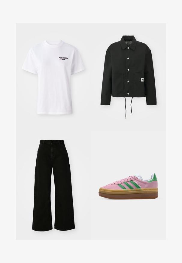 Schwarz gekürzte Jacke aus strapazierfähigem Stoff. Mit klassischem Kragen, silbernen Druckknöpfen, zwei Fronttaschen und verstellbarem Kordelzug am Saum.; Weißes Kurzarm-Crewneck-T-Shirt mit kleinem schwarzem und lila Carhartt WIP-Logo auf der linken Brust.; Schwarze weite Cargo-Jeans mit hohem Bund, Frontknopfverschluss und Seitentaschen. Glatte Textur mit minimaler Naht.; Rosa Wildledersneaker mit grünen Streifen, weißen Akzenten und einer braunen Gummisohle. Verfügt über strukturierten Stoff und Logodetails an der Seite.