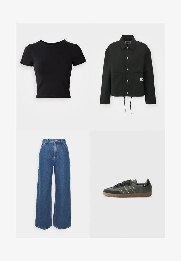 Fekete, vágott fazonú dzseki tartós anyagból. Klasszikus gallérral, ezüst színű patentgombokkal, két elülső zsebbel és állítható, húzózsinóros hemmel rendelkezik.; Fekete, rövid ujjú, kerek nyakú, tömör pamutból készült cropped póló, sima és letisztult dizájnnal.; Széles szárú, kék farmernadrág magas derékkal, kontrasztos varrással és oldalsó zsebekkel, klasszikus öt zsebes kialakítással és nyers szegéllyel.; adidas Originals SAMBA OG - Sportcipő - core black/legend earth/gum