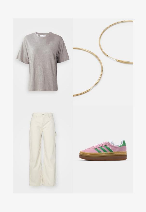 Černá zkrácená bunda vyrobená z odolné tkaniny. Obsahuje klasický límec, stříbrné cvoky, dvě přední kapsy a nastavitelné stahování v dolní části.; Světle šedé tričko s krátkým rukávem vyrobené z měkké látky, s kulatým výstřihem a uvolněným střihem bez výrazných vzorů nebo akcentů.; Široké kalhoty z světle béžové látky, s vysokým pasem, předními kapsami a bočním poutkem pro větší funkčnost.; Růžové semišové tenisky se zelenými pruhy, bílými akcenty a hnědou gumovou podrážkou. Mají strukturovanou tkaninu a detail s logem na boku.; Zlaté kruhové náušnice, tenké a kulaté, s hladkým kovovým povrchem a bez zdobení či vzorů.