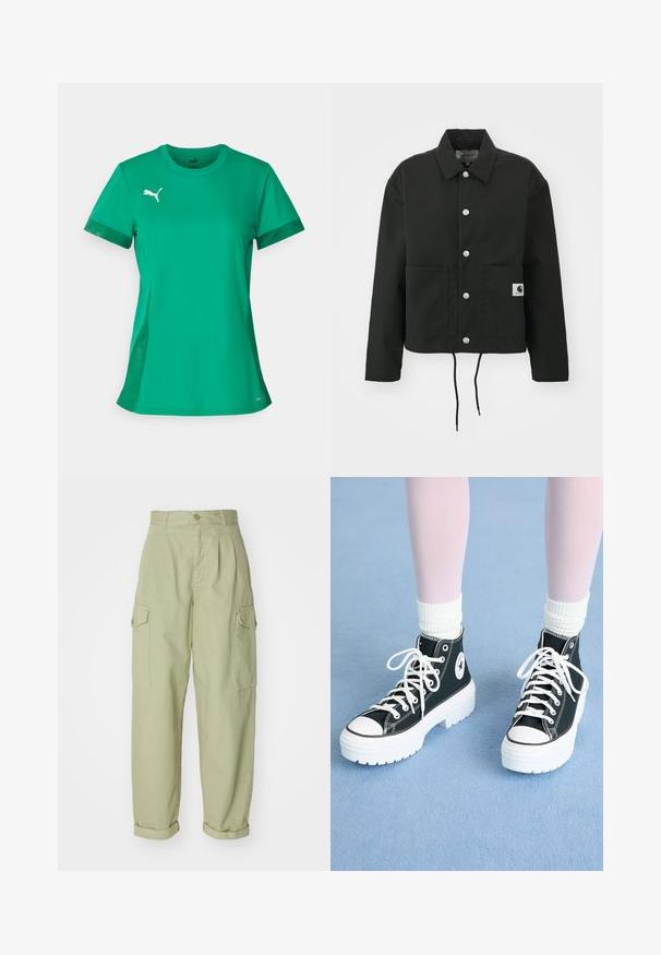 Casaco cropped preto feito de tecido durável. Apresenta um colarinho clássico, botões de pressão prateados, dois bolsos frontais e bainha ajustável com cordão.; T-shirt atlético verde feito de tecido leve, com gola redonda, mangas curtas e um logo branco no lado esquerdo do peito.; Calças cargo verde claro feitas de tecido de algodão. Apresentam uma cintura alta, punhos enrolados e dois bolsos laterais cargo para maior utilidade.; Ténis pretos de cano alto com solas e atacadores brancos, apresentando um logo circular ao lado e costura preta em contraste. Superior em tecido texturizado.