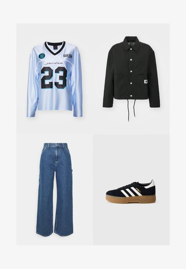 Casaco cropped preto feito de tecido durável. Apresenta um colarinho clássico, botões de pressão prateados, dois bolsos frontais e bainha ajustável com cordão.; Camisola de manga comprida azul-claro com detalhes em preto, apresenta o grande número preto "23" e logótipos em preto e azul-aqua. Textura suave.; Calças de ganga azuis de perna larga com cintura alta, costuras em contraste e bolsos laterais, apresentando um design clássico de cinco bolsos e bainhas desfiadas.; Sapatilha preta em camurça com três riscas brancas e logótipo dourado. Sola de borracha com aderência texturizada. Design clássico de cano baixo, bico arredondado.