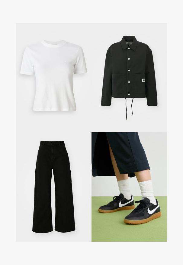 Melnā apgrieztā jakā, kas izgatavota no izturīga auduma. Tam ir klasiskā apkakle, sudraba kniedes, divas priekšējās kabatas un regulējams savelkamo apakšmalu.; Baltas ribots īsām piedurknēm T-krekls ar apaļu kakla izgriezumu un nelielu logo uz krūšu daļas. Izgatavots no mīksta auduma ar pieguļošu dizainu.; Melni platā kāju kravas bikses no denima, ar augstu vidukli, priekšējo pogu aizdari un sānu kabatām. Gluda tekstūra ar minimālu šuvju skaitu.; Melna āda un sintētiska materiāla sporta apavi ar baltu Nike logo, gumijas zole, apaļa purngala forma un melni šņores. Redzamas ribotas baltas zeķes.