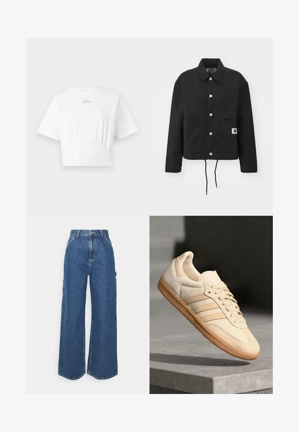 Črna kratka jakna iz trpežnega materiala. Ima klasičen ovratnik, srebrne pritiskače, dve sprednji žepi in nastavljiv rob z vrvico.; Bela skrajšana majica iz mehkega blaga, z dolgimi rokavi, krožnim ovratnikom in subtilnim srebrnim logotipom na prsih.; Široke modre denim hlače z visokim pasom, kontrastnim šivom in stranskimi žepi, ki vključujejo klasičen pet-džepni dizajn in robove brez obdelave.; Svetlo bež semišni športni copat z gumijastim podplatom, trije poševni trakovi in teksturiran zaščitni del. Vsebuje logotip na ježku in strani.