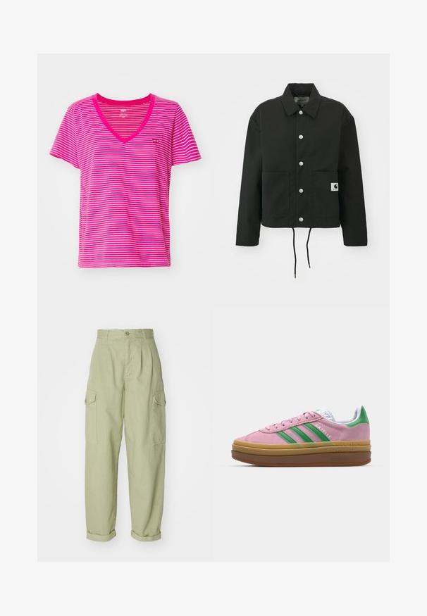 Must must ümber lõikega must jakk, mis on valmistatud vastupidavast kangast. Omab klassikalist kraed, hõbedasi tõmblukke, kahte esist taskut ja reguleeritavat nööriga hemmi.; Roosa ja valge triibuline T-särk V-kaeluse disainiga, lühikeste varrukatega ja rinnal väikese logoga. Pehme puuvillane materjal.; Heledad rohelised cargo püksid, valmistatud puuvillakangast. Omavad kõrget talje, volditud pahkluup, ja kahte külgpoket lisafunktsionaalsuse jaoks.; Roosa nahast tossud roheliste triipude, valgete aktsentide ja pruuni kummitaldiga. Omavad tekstuuriga kangast ja logo detaile külgedel.