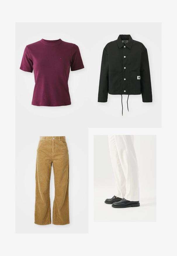 Chaqueta corta negra hecha de tela resistente. Presenta un collar clásico, botones a presión plateados, dos bolsillos frontales y un dobladillo ajustable con cordón.; Camiseta de manga corta de canalé en color burdeos con cuello redondo y logo bordado sutil en el lado izquierdo del pecho.; Pantalones de pana de pierna ancha en marrón claro, con un patrón de canalé texturizado, cinco bolsillos y un botón de cierre en la cintura.; Mocasines de cuero negro con una textura suave, detalles de costura y punta redondeada, combinados con pantalones blancos ajustados.